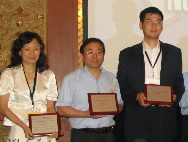 From right to left: Yunhuai LIU, Prof. Lionel NI and Dr. Qian ZHANG (Awardees of ICDCS 2008 Best Paper Award)