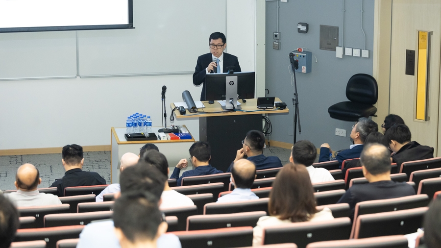 Mr. Pok Man YIU, Head (Investment Fund Management) of the Office of Knowledge Transfer (OKT), gave a presentation on the OKT's role in Creating Impact through Innovation and Entrepreneurship Development.